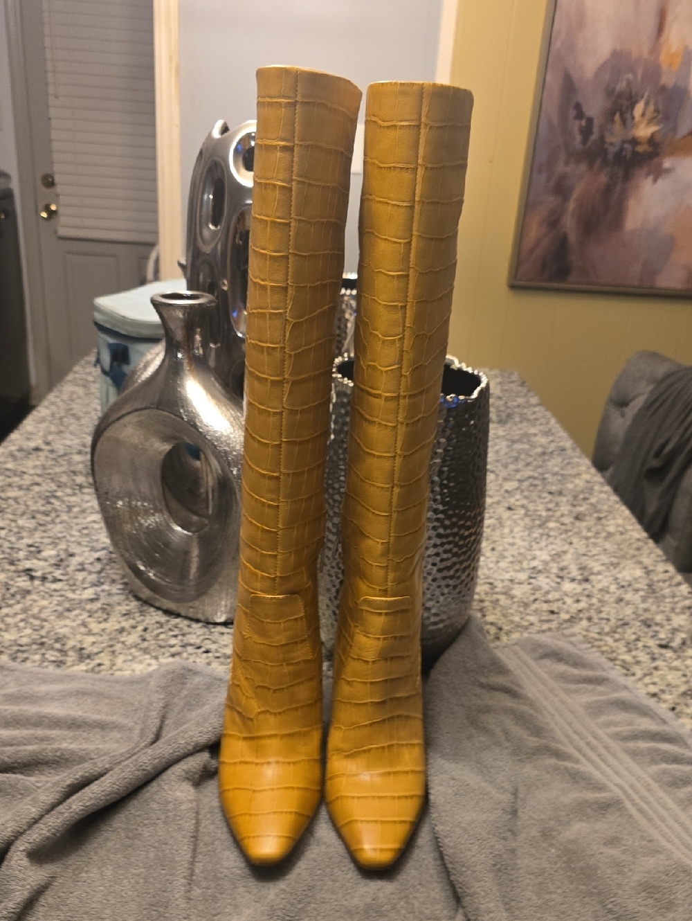 Vince Camuto Mustard Yellow Croc-Embossed Knee-High Boots